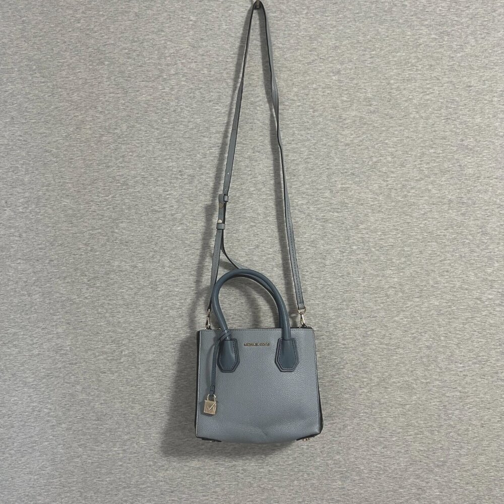 Michael Kors Mercer Satchel Bag Top Handle Crossbody Pastel Blue Leather Charm